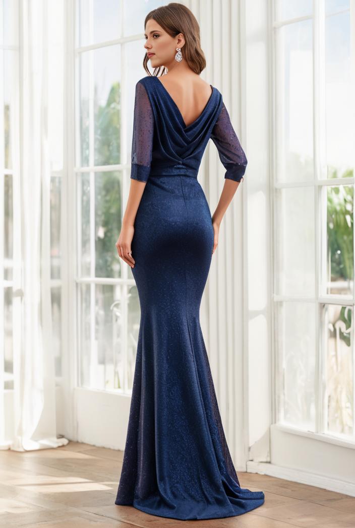 3 4 sleeve bodycon plunging back sequin evening dress 100023