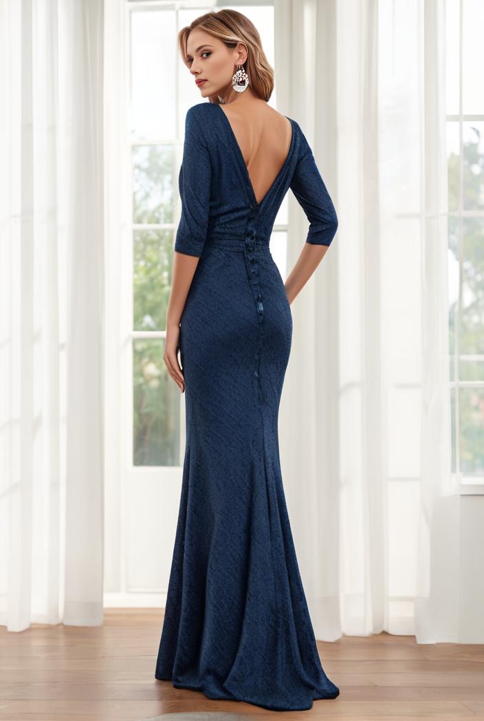 3 4 sleeve bodycon plunging back sequin evening dress 100024
