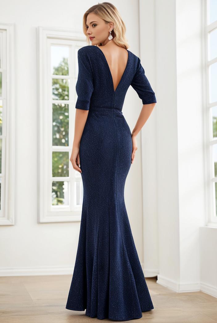 3 4 sleeve bodycon plunging back sequin evening dress 100060