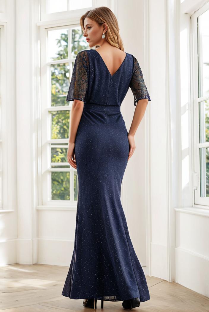 3 4 sleeve bodycon plunging back sequin evening dress 100063