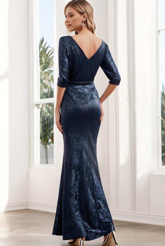3 4 sleeve bodycon plunging back sequin evening dress 100065