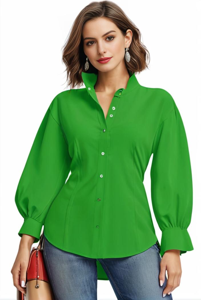 plus size casual blouse women s plus solid button up lantern sleeve turn down collar nipped waist blouse 101655