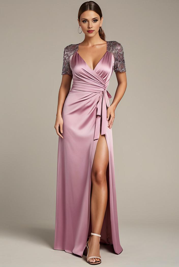 plus size front slit short sleeve with sequin mother of the bride dress 113908