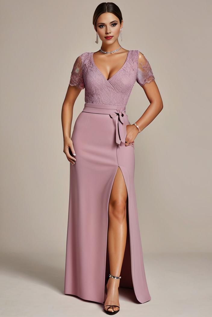 plus size front slit short sleeve with sequin mother of the bride dress 113910