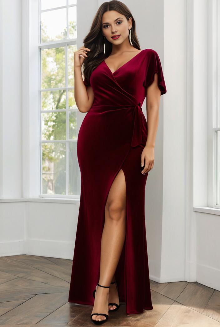 plus size front slit short sleeve with sequin mother of the bride dress 113972