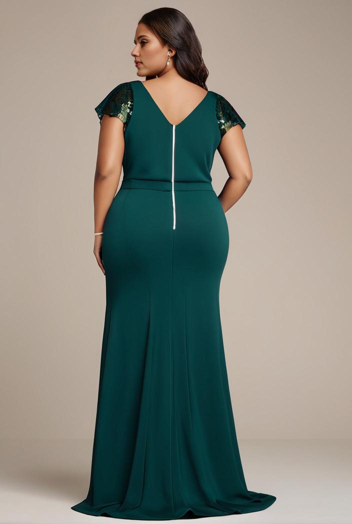 plus size front slit short sleeve with sequin mother of the bride dress 113978