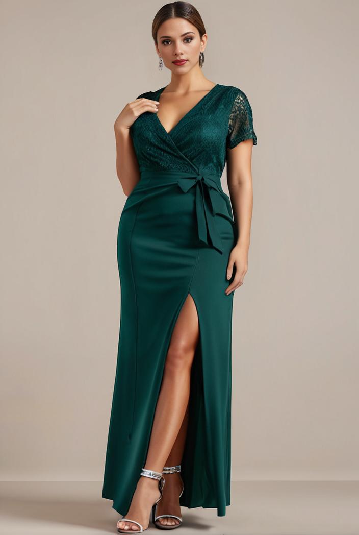 plus size front slit short sleeve with sequin mother of the bride dress 114023