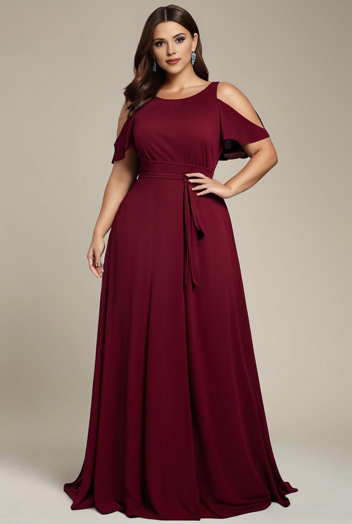 plus size simple chiffon pleated a line round neckline bridesmaid dress 115967