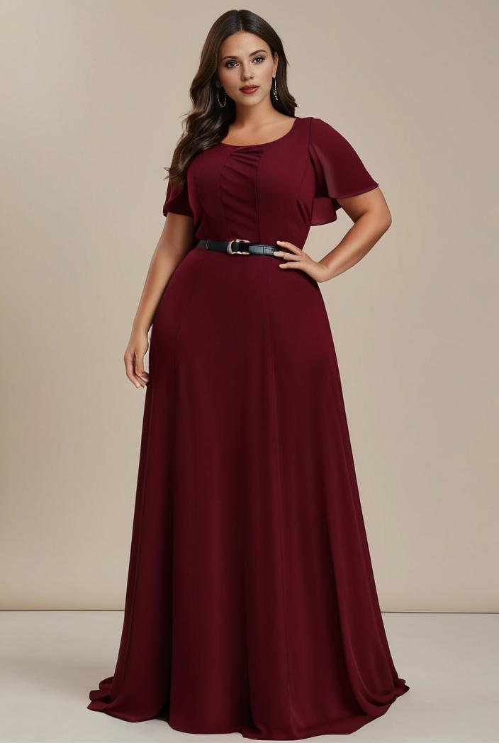 plus size simple chiffon pleated a line round neckline bridesmaid dress 115969