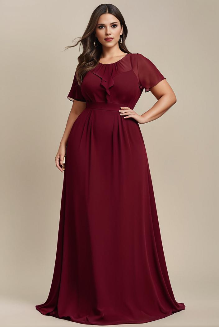 plus size simple chiffon pleated a line round neckline bridesmaid dress 115970