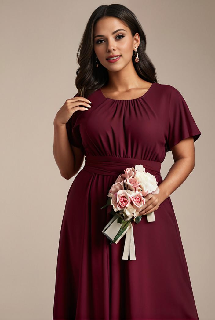 plus size simple chiffon pleated a line round neckline bridesmaid dress 118643