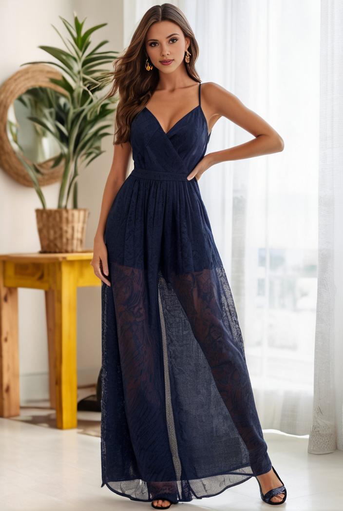 spaghetti strap 2 in 1 sheer evening dress 121337