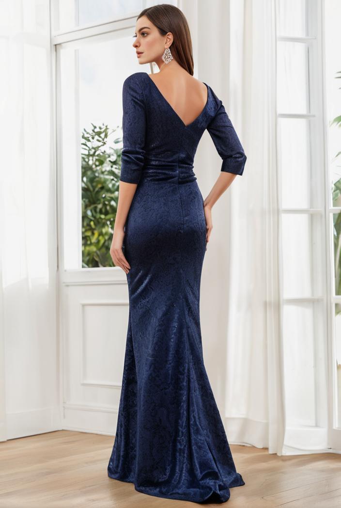 3 4 sleeve bodycon plunging back sequin evening dress 112332