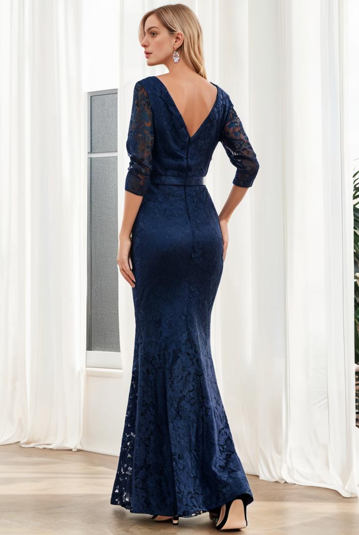 3 4 sleeve bodycon plunging back sequin evening dress 112333