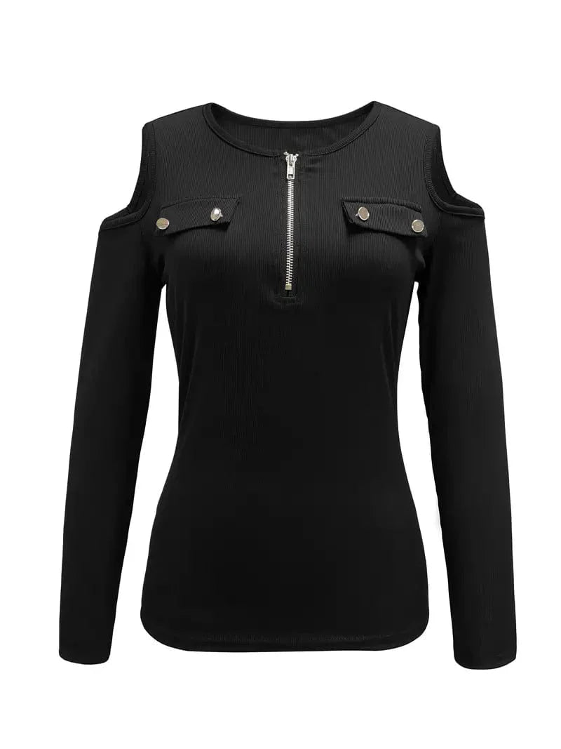 Zipper Color Block T-shirt, Casual Cold Shoulder Long Sleeve Tee for Women