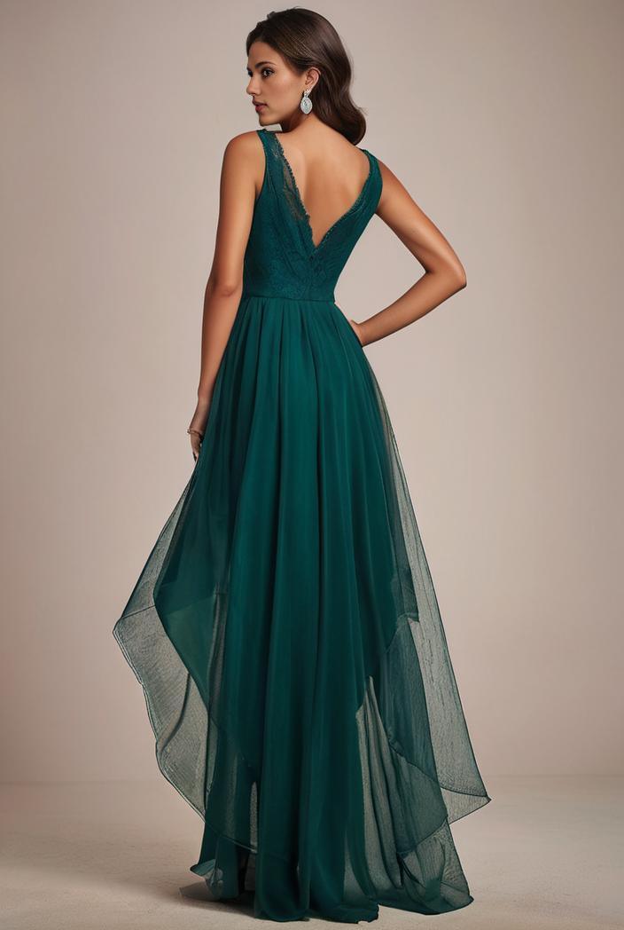 sequin bodice tulle high low evening dress with ribbon waist 136081
