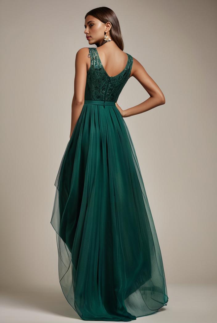 sequin bodice tulle high low evening dress with ribbon waist 136082