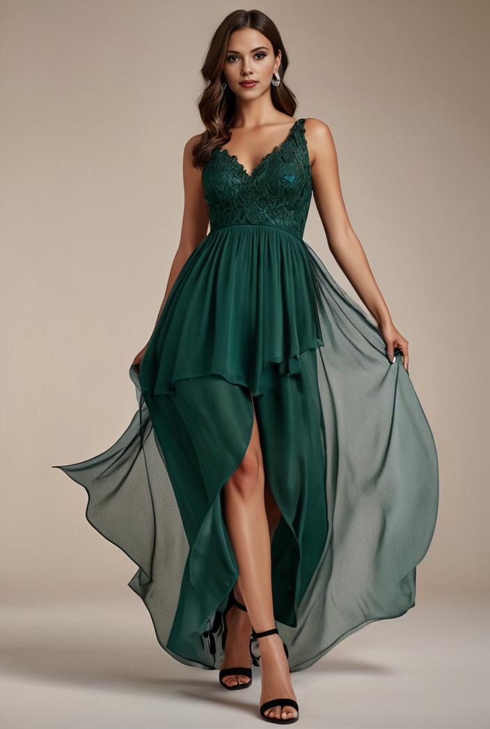 sequin bodice tulle high low evening dress with ribbon waist 136944