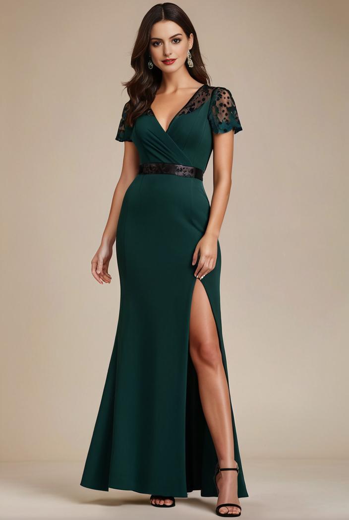 deep v neck sequin short sleeve high side front slit mother of the bride dress 113785