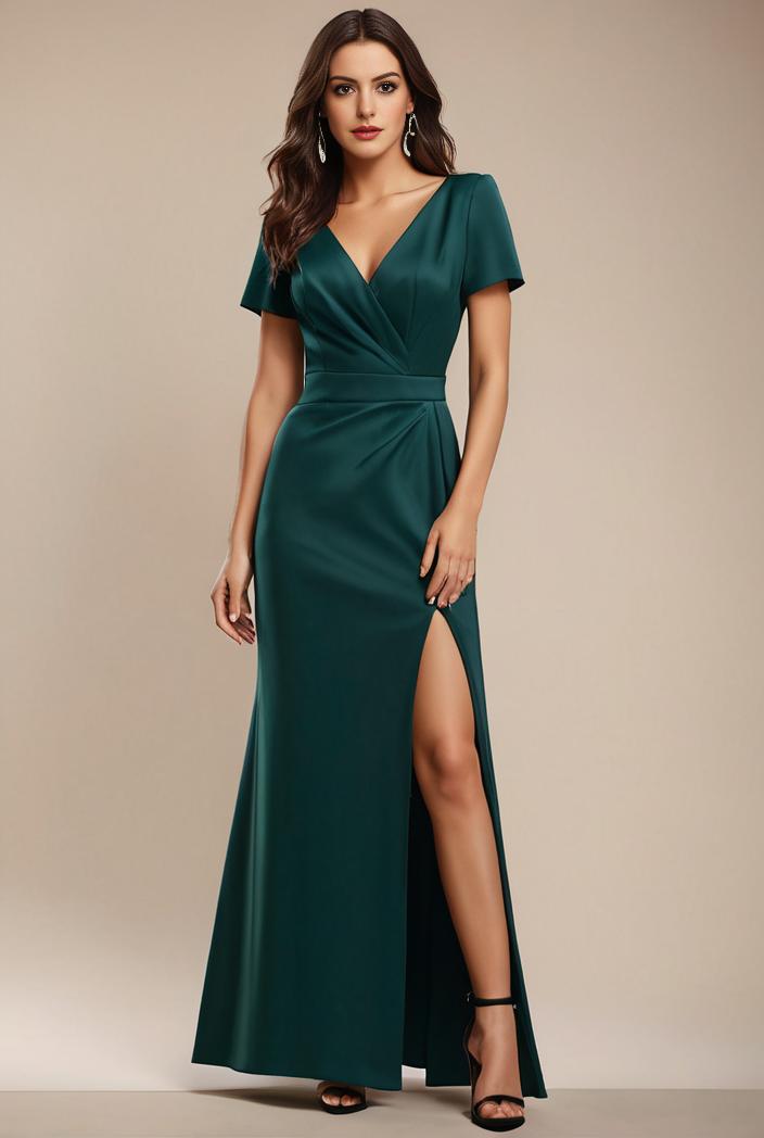deep v neck sequin short sleeve high side front slit mother of the bride dress 113786