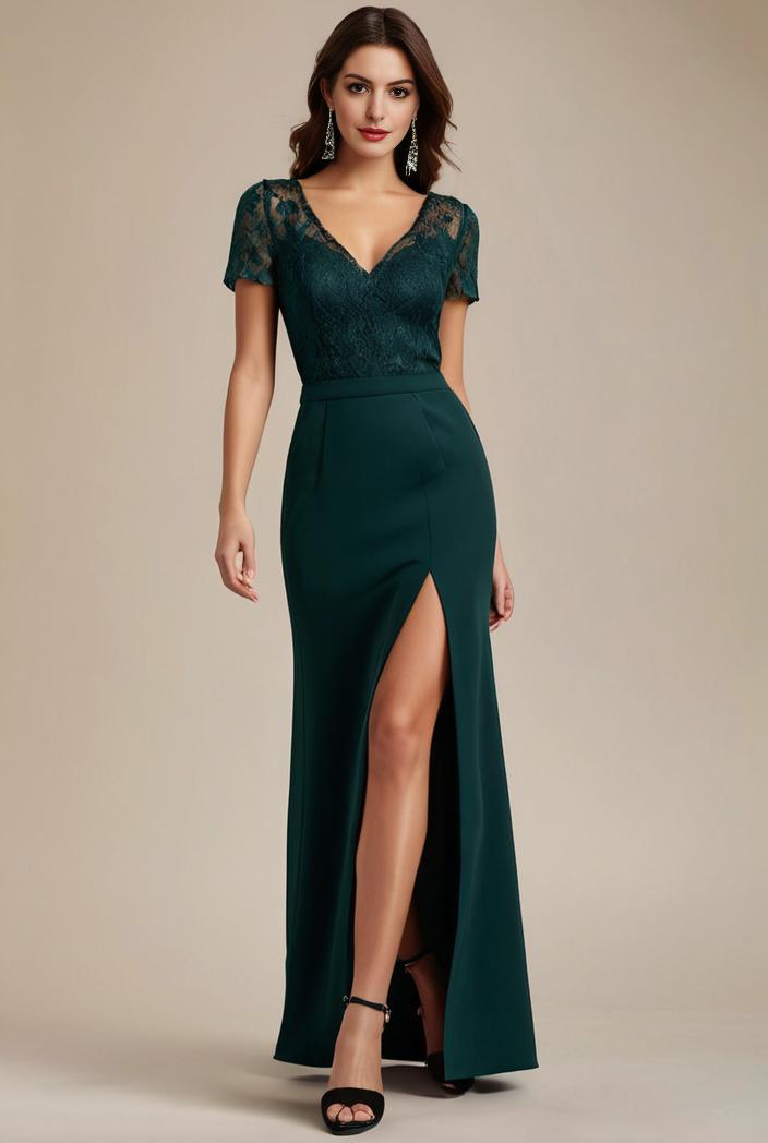 deep v neck sequin short sleeve high side front slit mother of the bride dress 113801
