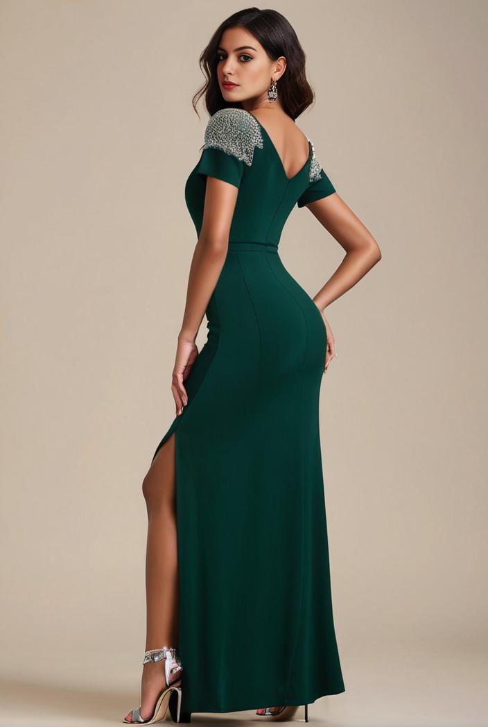 deep v neck sequin short sleeve high side front slit mother of the bride dress 113819