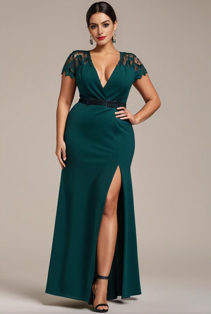 deep v neck sequin short sleeve high side front slit mother of the bride dress 113825