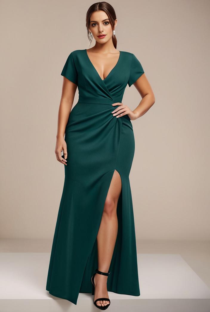 deep v neck sequin short sleeve high side front slit mother of the bride dress 113826