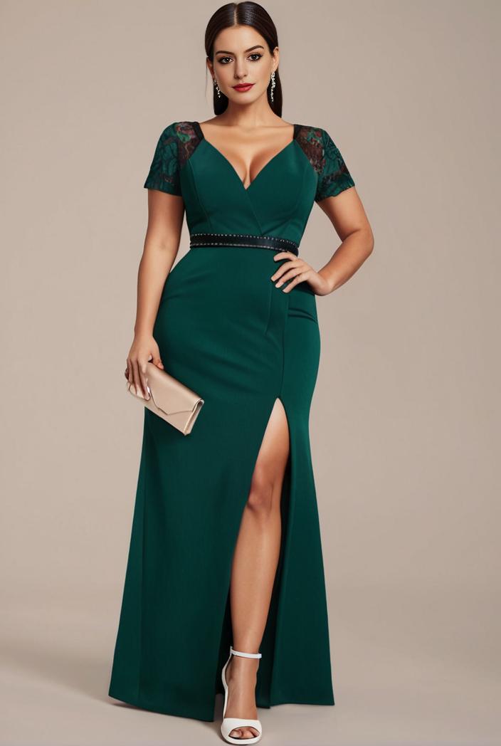 deep v neck sequin short sleeve high side front slit mother of the bride dress 113827