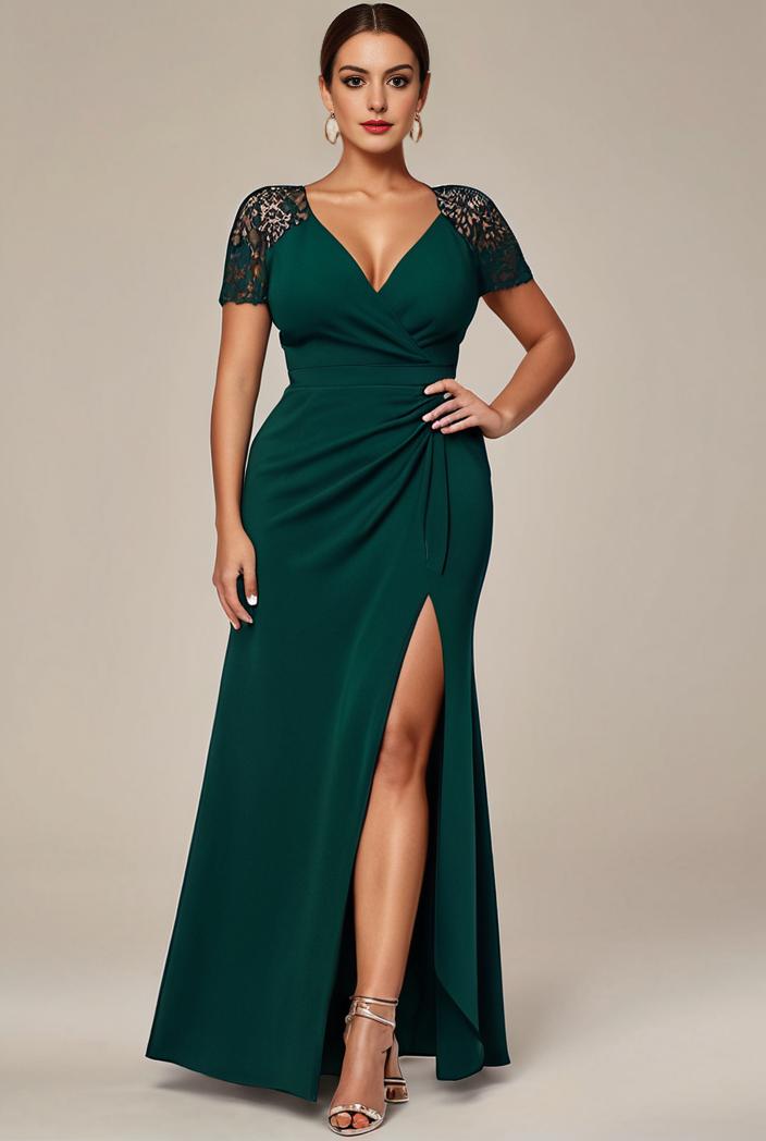 deep v neck sequin short sleeve high side front slit mother of the bride dress 113829