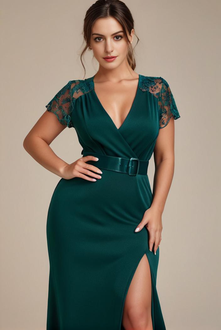 deep v neck sequin short sleeve high side front slit mother of the bride dress 113865