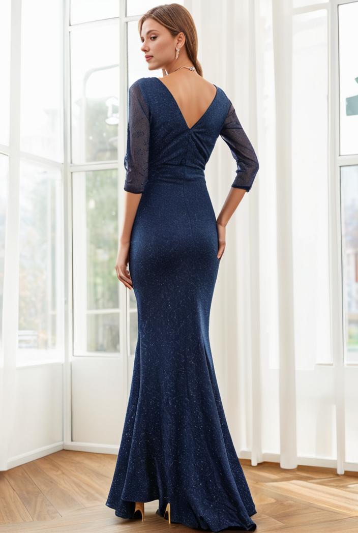 3 4 sleeve bodycon plunging back sequin evening dress 127424