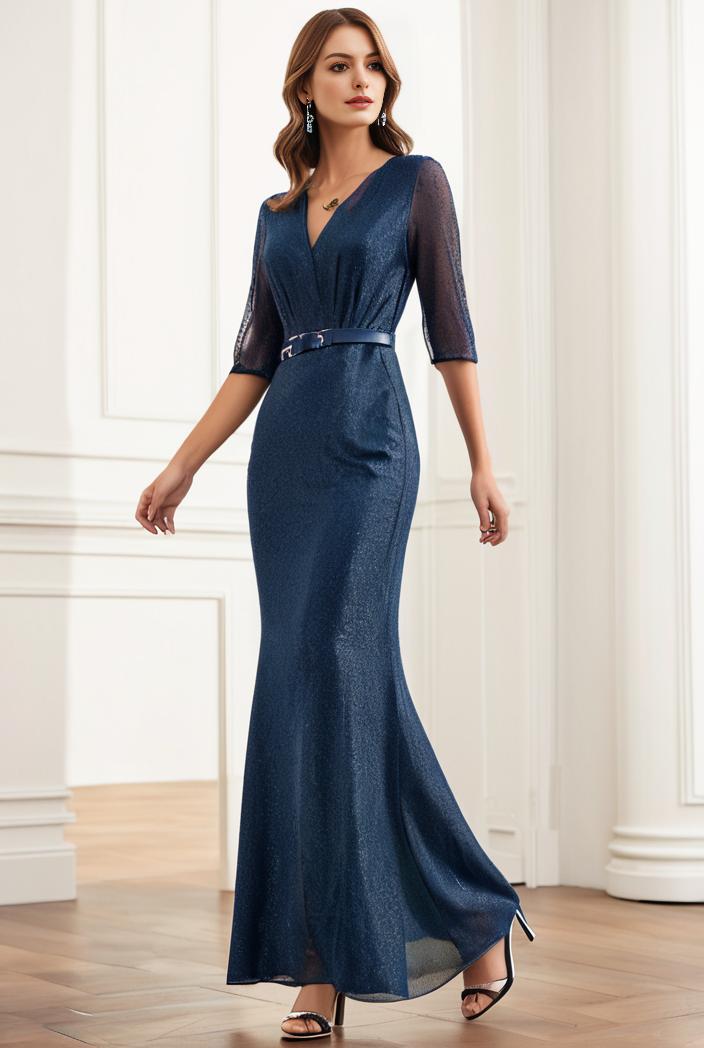 3 4 sleeve bodycon plunging back sequin evening dress 139463