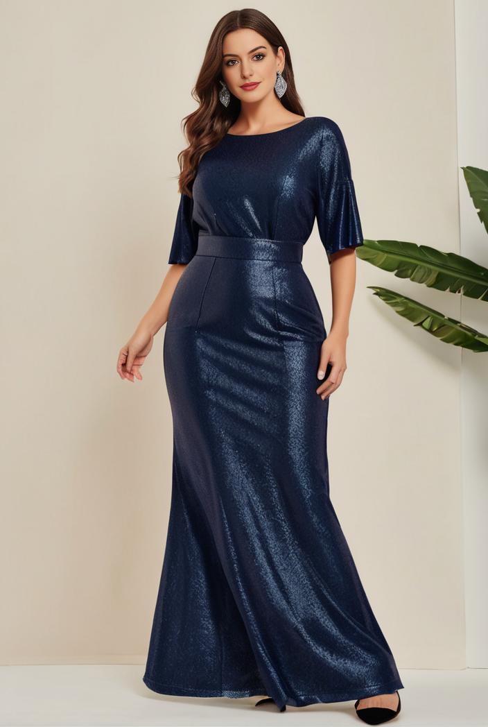 3 4 sleeve bodycon plunging back sequin evening dress 139472
