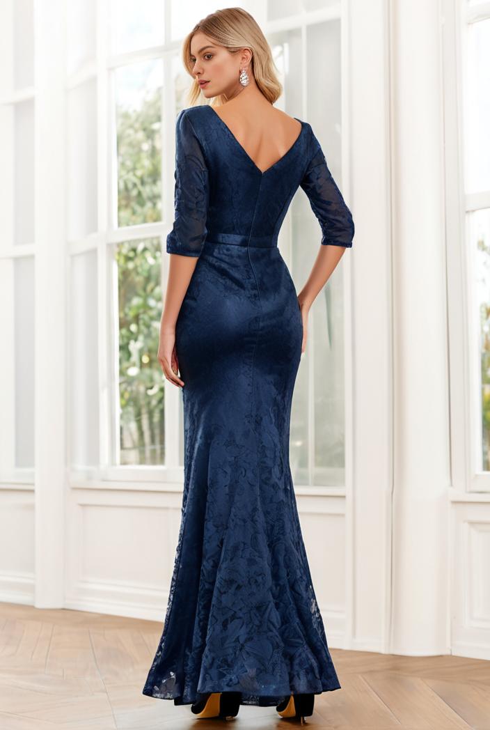 3 4 sleeve bodycon plunging back sequin evening dress 139475