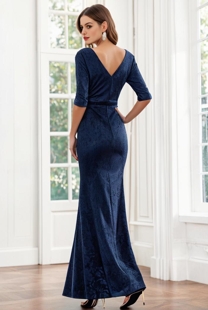 3 4 sleeve bodycon plunging back sequin evening dress 139476