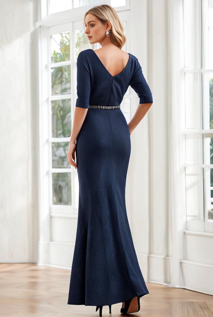 3 4 sleeve bodycon plunging back sequin evening dress 139478