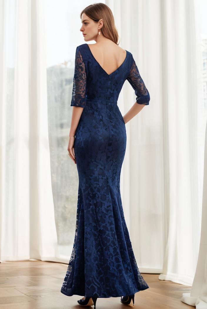3 4 sleeve bodycon plunging back sequin evening dress 118751