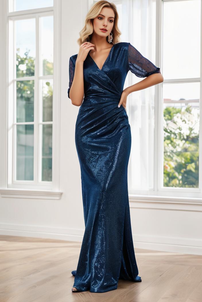 3 4 sleeve bodycon plunging back sequin evening dress 118768