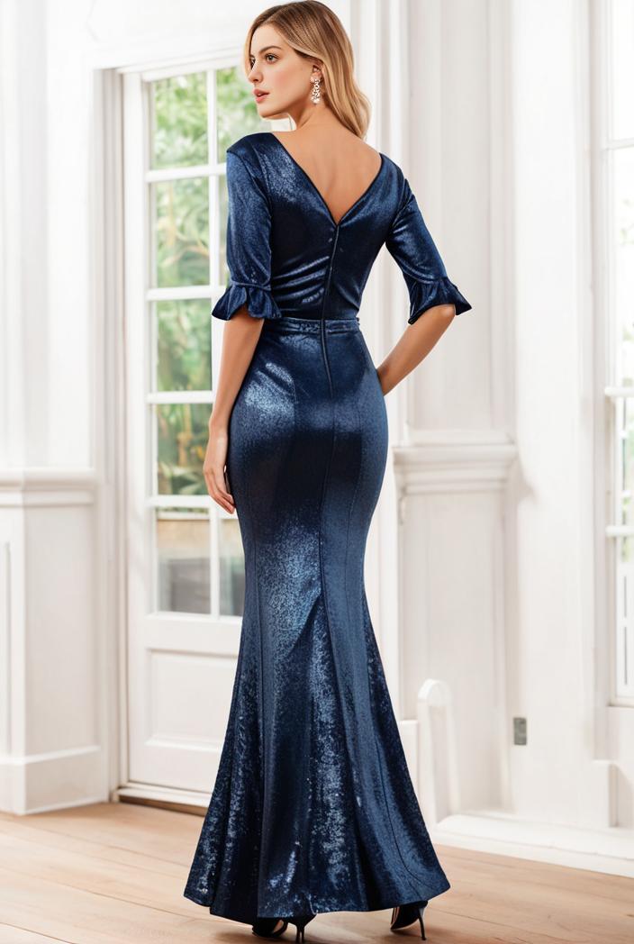3 4 sleeve bodycon plunging back sequin evening dress 108186