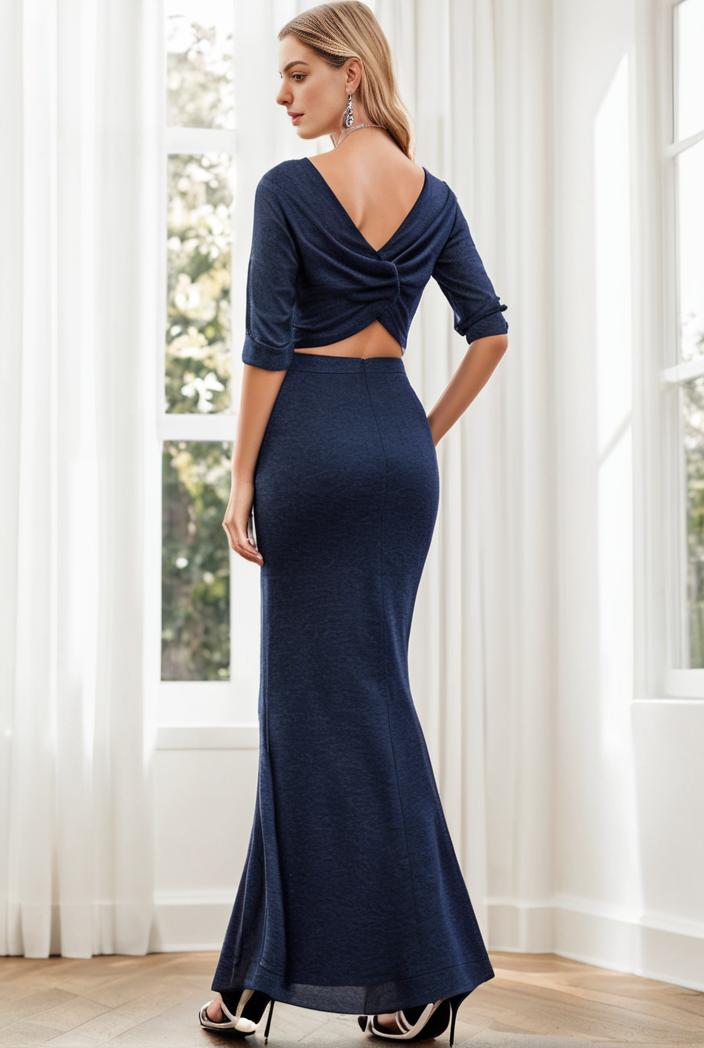 3 4 sleeve bodycon plunging back sequin evening dress 108188