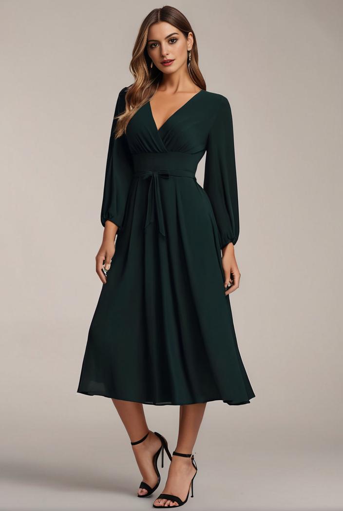 chiffon v neck long sleeves elastic band midi wedding guest dress 119057