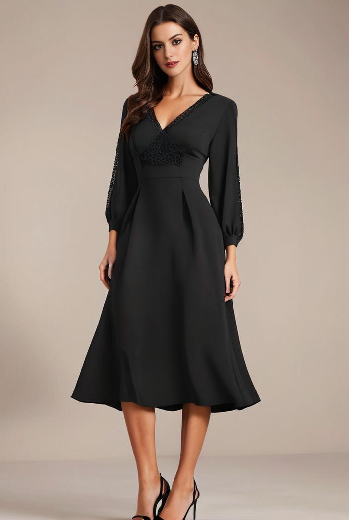 chiffon v neck long sleeves elastic band midi wedding guest dress 119060