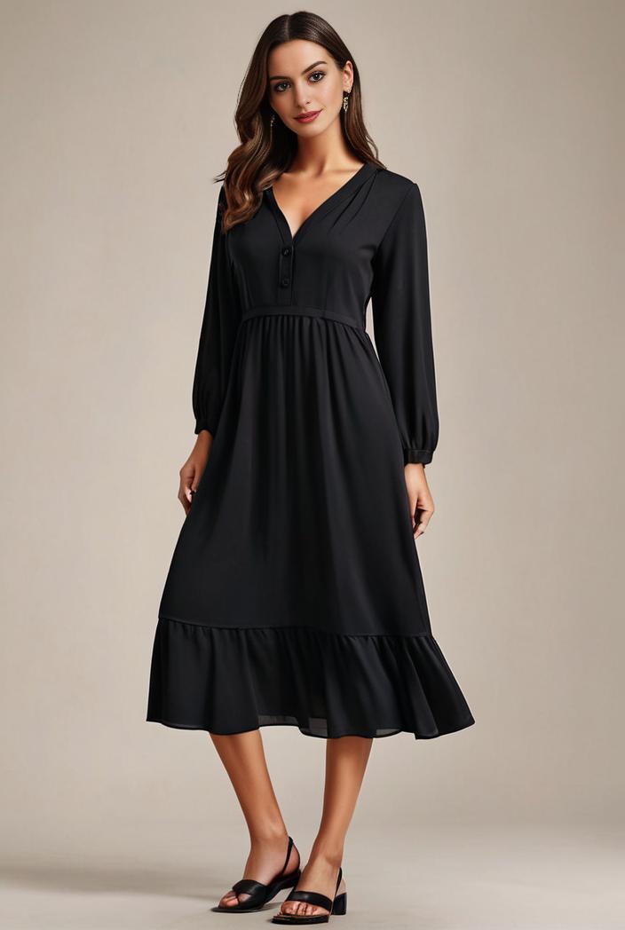 chiffon v neck long sleeves elastic band midi wedding guest dress 119061