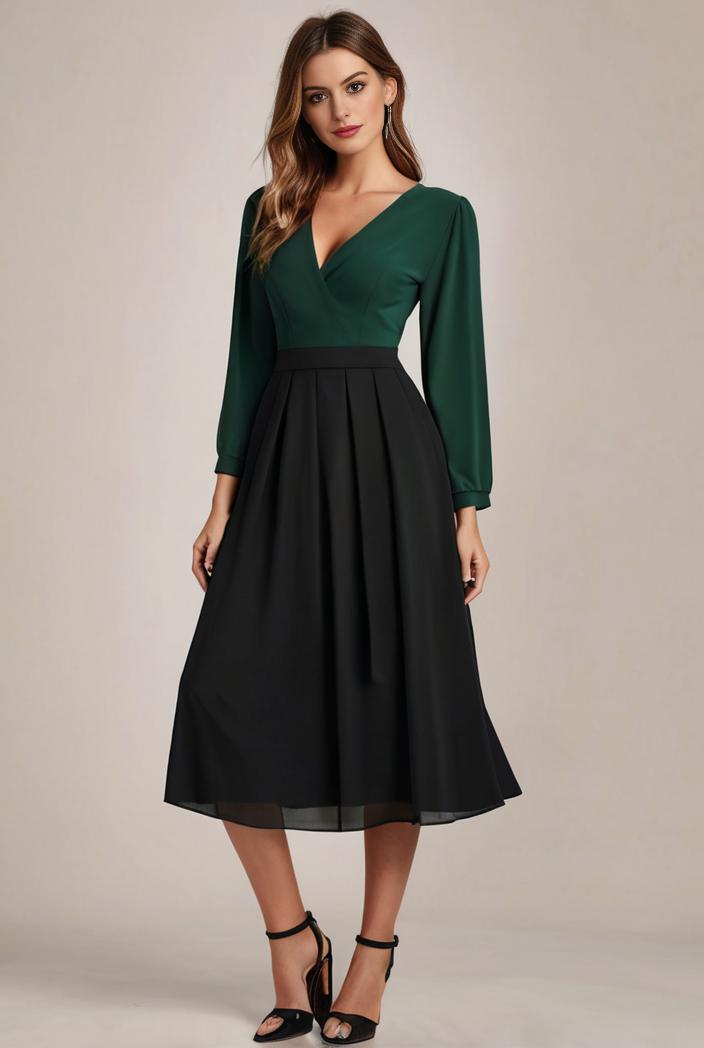 chiffon v neck long sleeves elastic band midi wedding guest dress 119063