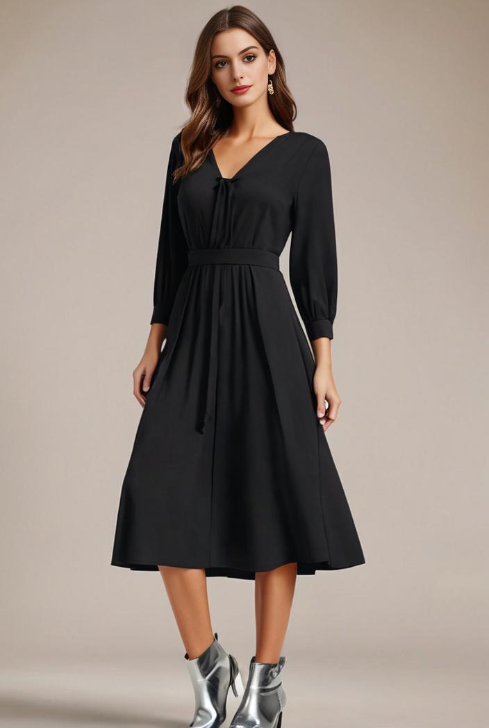 chiffon v neck long sleeves elastic band midi wedding guest dress 119064