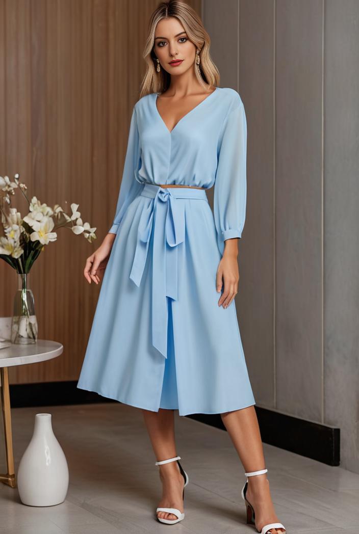 chiffon v neck long sleeves elastic band midi wedding guest dress 119065