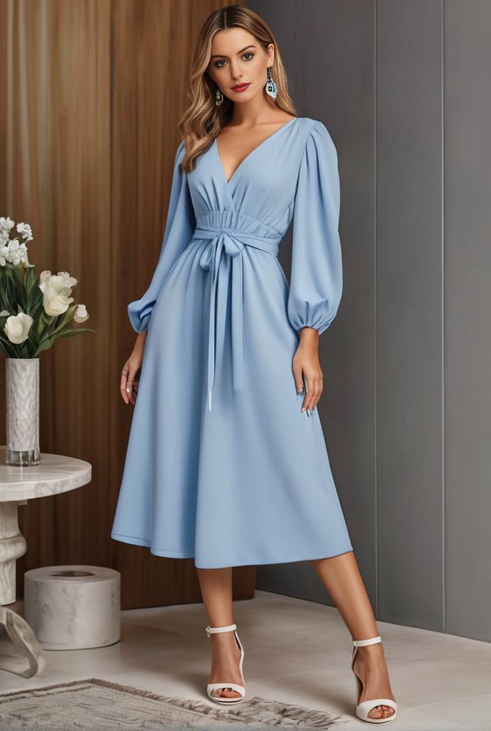 chiffon v neck long sleeves elastic band midi wedding guest dress 119066