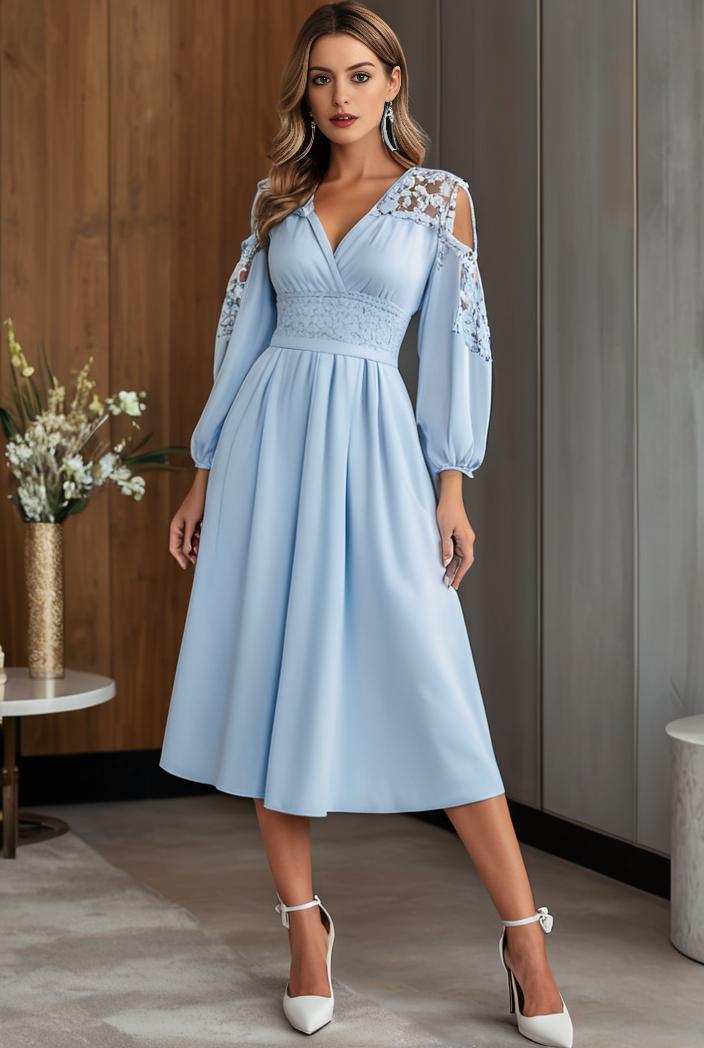 chiffon v neck long sleeves elastic band midi wedding guest dress 119068