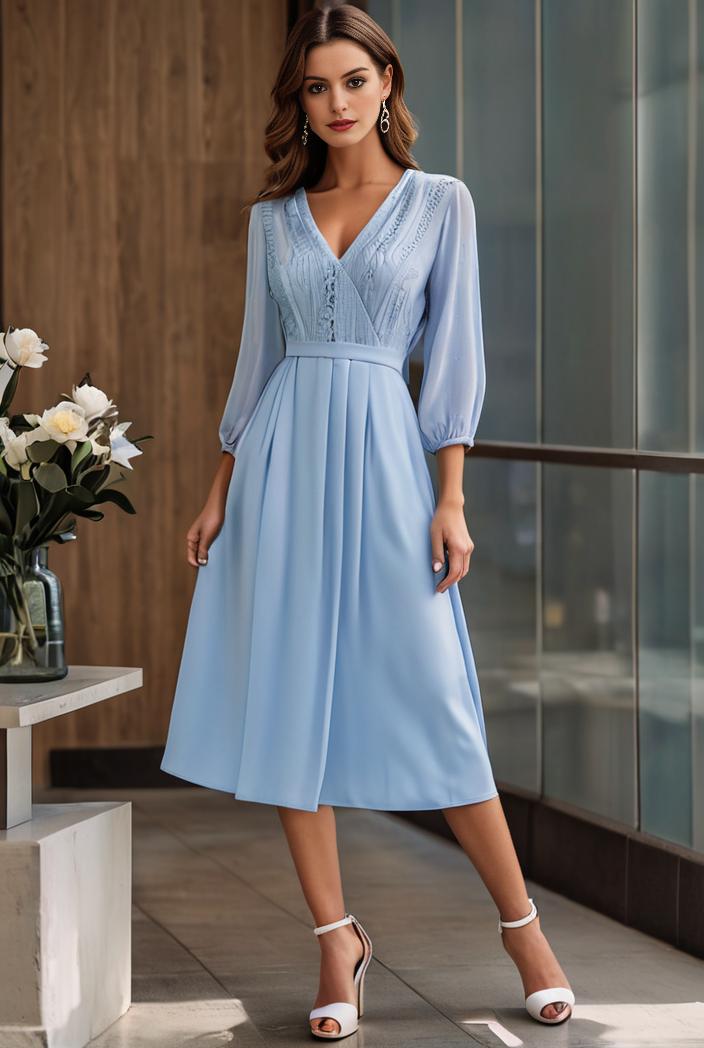 chiffon v neck long sleeves elastic band midi wedding guest dress 119069